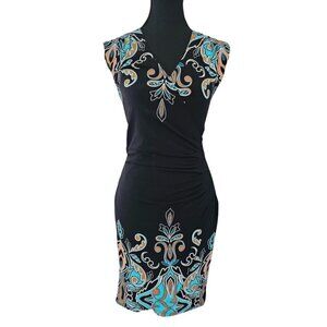 Le Chateau Bodycon Midi Dress XXS Blk Multicolor Print Sleeveless V-Neck Sml Fit